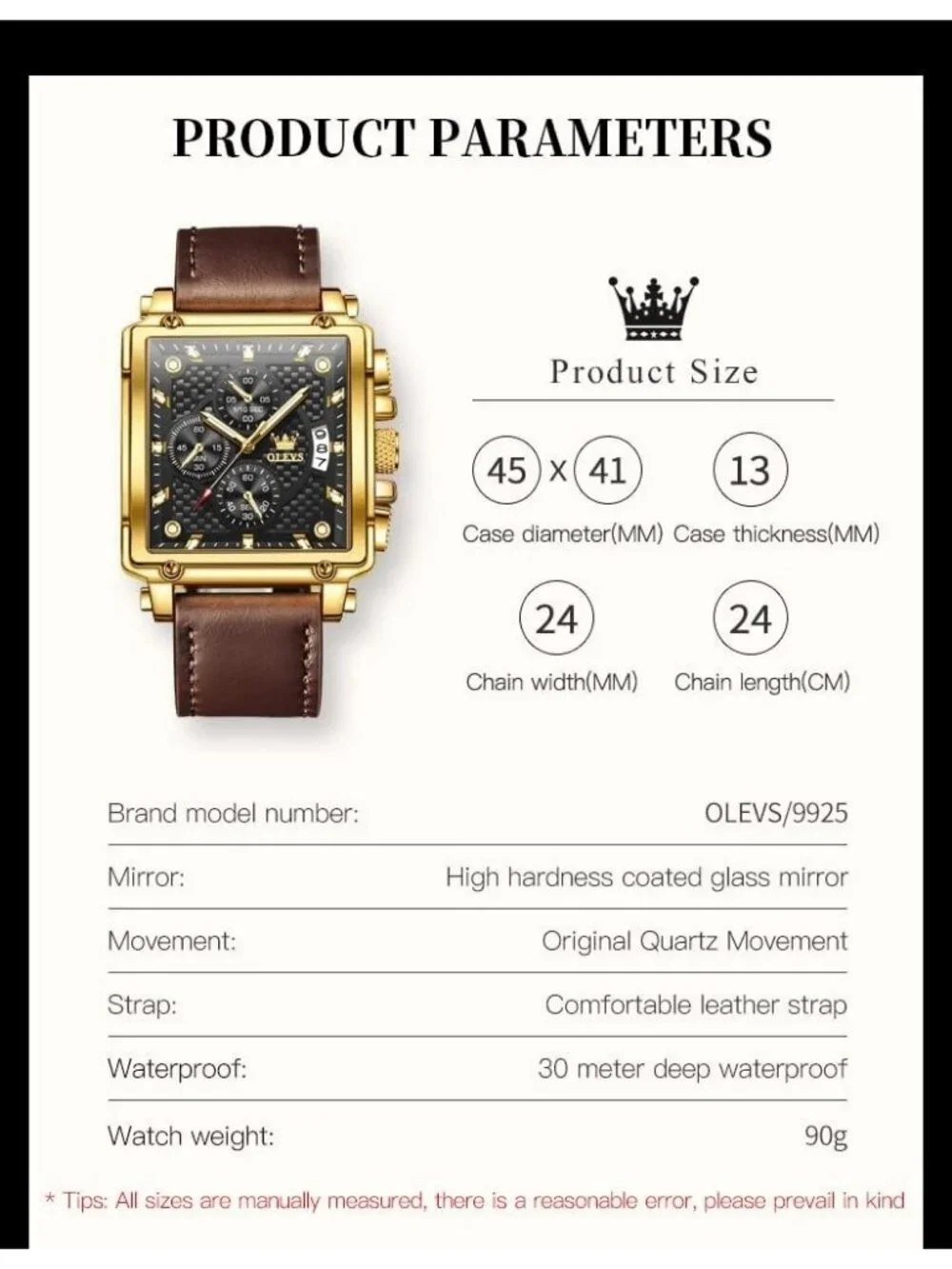 Men's Black Quartz Leather Strap Waterproof Trendy Square Dial Wrist Watch